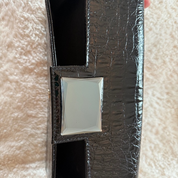 Black Crocodile Print Faux Leather Clutch with Large Mirror Broach - Picture 4 of 7
